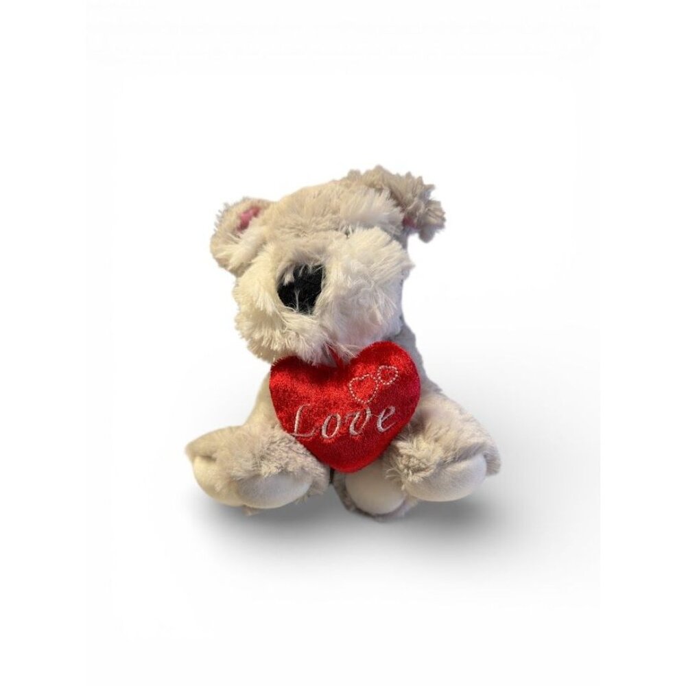 Plush Gray Puppy Dog Holding Red Heart Love Valentines Gift